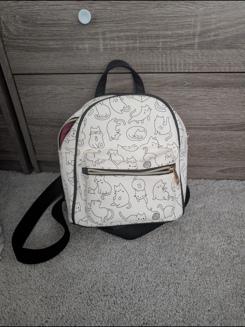 White Mini Kids Backpack with Playful Cat Print